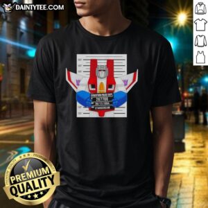 Funny Starscream Cybertron Police Dept mugshot T-Shirt featuring a humorous design of the iconic Transformer character.