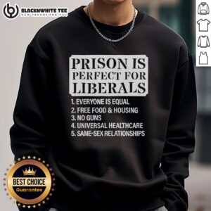 Cozy Top Prison is Perfect for Liberals sweatshirt in gray, featuring bold text, ideal for casual wear and expressing beliefs.