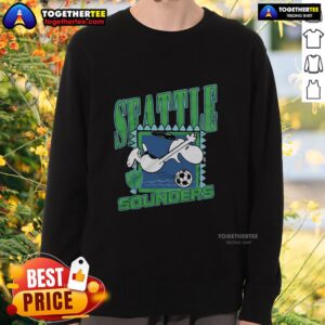 Good Peanuts Snoopy X Seattle Sounders FC Sweatshirt featuring Snoopy in team colors, perfect for fans and cozy wear.