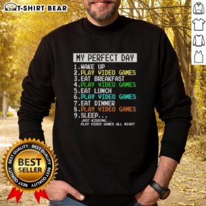 Cozy retro sweatshirt with 'My Perfect Day' design, perfect for waking up, playing video games, and enjoying breakfast.