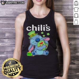 Happy St. Patrick's Day tank top featuring Nice Stitch Hug the Chilis logo, perfect for festive celebrations.