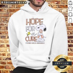 Funny Snoopy hoodie promoting uterine cancer awareness, featuring a vibrant design and inspirational message for a cure.