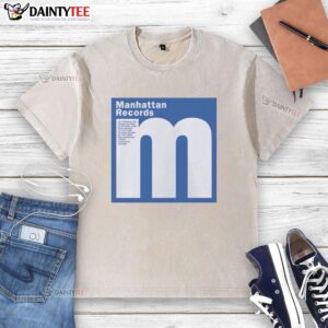 Good Manhattan Records Shibuya Tokyo hip-hop and rap washed t-shirt displayed on a vibrant urban backdrop.