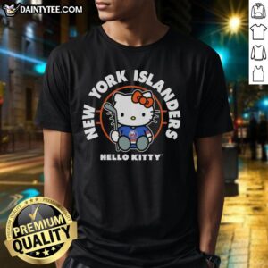 Alt Text: Hot Hello Kitty X New York Islanders Hockey T-Shirt featuring a playful design for fans and collectors.