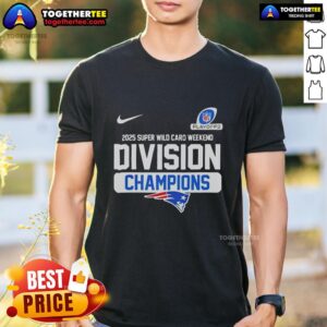 Alt Text: New England Patriots 2025 Super Wild Card Weekend Division Champions NFL T-Shirt featuring team logo and vibrant design.