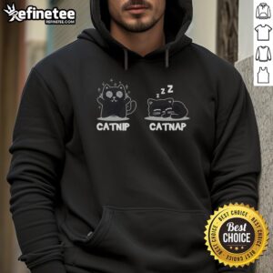 Funny cat wearing a Premium Catnip Catnap hoodie, showcasing playful design and comfort for cozy feline naps.