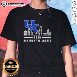 Pretty 2026 Kentucky Wildcats all names city skyline ladies tee featuring vibrant design and team pride.