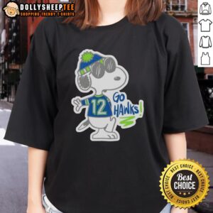 Premium Snoopy in Seattle Seahawks outfit on a ladies tee, perfect for fans. Go Hawks!