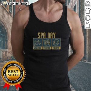 F1 driver enjoying a spa day with manicure, pedicure, and facial while wearing a self-care tank top.