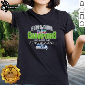 Alt Text: Top Seattle Seahawks Super Bowl XLVIII Champions 2026 logo on a ladies tee, perfect for fans celebrating the victory.