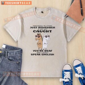 Alt Text: Funny horses wearing matching t-shirts with Partners in Crime slogan, perfect for animal lovers and humor enthusiasts.