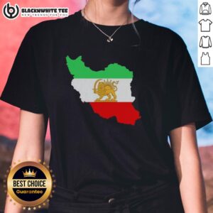 Good Iran Map Lion and Sun Persian Heritage logo on a ladies tee, celebrating Iranian culture and history.