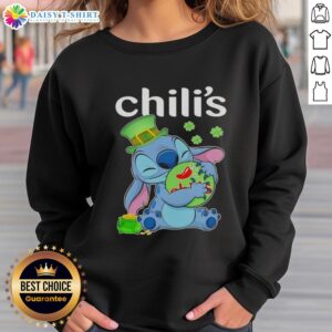 Cute Stitch hugging chilis on a Happy St. Patrick's Day sweatshirt, perfect for festive celebrations.