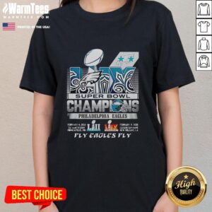 Good Philadelphia Eagles Super Bowl LIX Champions Fly Eagles Fly Ladies Tee showcasing team spirit and style.