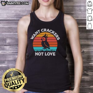 Awesome Cockatiel Shadow on retro tank top, playful design featuring 'Want Crackers Not Love' with a sunset backdrop.