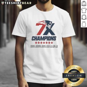 Alt Text: Official New England Patriots 7X Super Bowl Champions logo t-shirt featuring vibrant graphics and team colors.