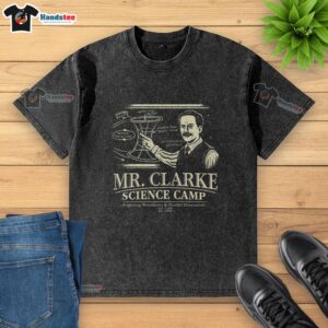 Alt Text: Good Mr. Clarke's Science Camp washed t-shirt featuring vibrant graphics and a comfortable fit for science enthusiasts.