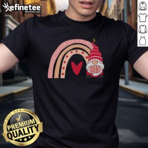 Pretty Valentine gnome with a heart graphic on a cute Valentine's Day T-shirt, perfect for celebrating love.