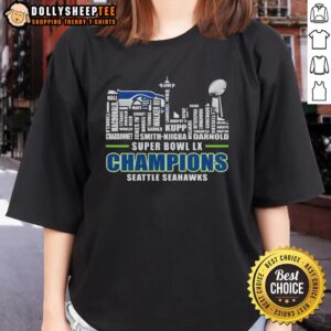 Premium Seattle Seahawks Super Bowl LX Champions 2026 ladies tee featuring player names and city skyline design.