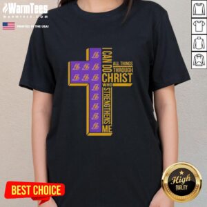 Los Angeles Lakers ladies tee featuring 'I Can Do All Things Through Christ Who Strengthens Me' design.