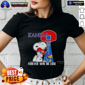 Official Peanuts Snoopy Forever Win or Lose Kansas Jayhawks Basketball ladies tee featuring Snoopy and basketball graphics.