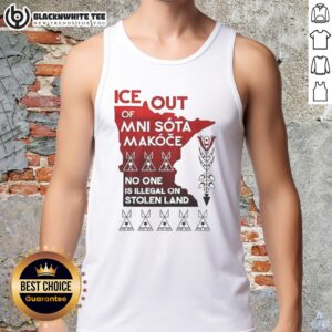 Nice Ice Out Mni Sota Makoce tank top featuring 'No One Is Illegal On Stolen Land' design for activism and fashion.