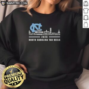 2026 North Carolina Tar Heels sweatshirt featuring city skyline design and all team names, perfect for fans.