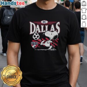 Alt Text: Top Peanuts Snoopy X FC Dallas T-Shirt featuring whimsical Snoopy design for fans of soccer and cartoon collectibles.