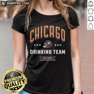 Awesome Chicago Drinking Team helmet design on ladies tee, established 2026, perfect for fun outings and events.