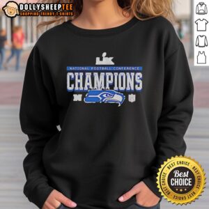 Good Seattle Seahawks National Football Conference Champions Super Bowl LX sweatshirt in navy blue and green colors.
