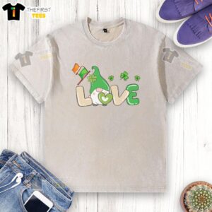 Pretty Love St. Patrick's Day gnome with shamrock clover on a washed t-shirt, perfect for celebrating Irish culture.