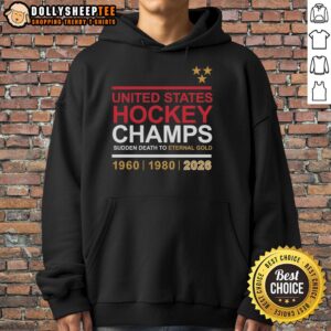 Alt Text: Official United States Hockey Champs hoodie featuring Sudden Death to Eternal Gold 2026 design for fans.