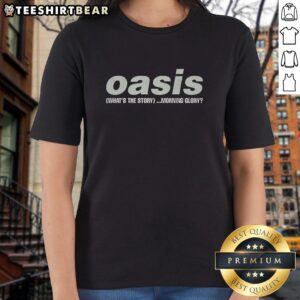 Top Oasis What's The Story Morning Glory album title ladies tee featuring iconic album artwork in vibrant colors.