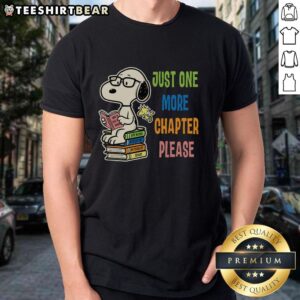 Premium Just One More Chapter Please Snoopy Book T-Shirt featuring Snoopy reading a book, perfect for book lovers.