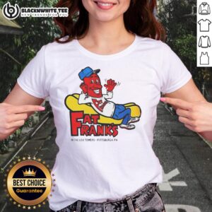 Good Fat Frank's Hot Dogs Pittsburgh PA ladies tee showcasing a vibrant design and delicious hot dog graphics.