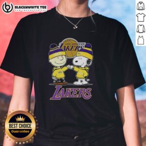 Alt Text: Ladies tee featuring Charlie Brown and Snoopy with Los Angeles Lakers logo, perfect for fans of Peanuts and basketball.