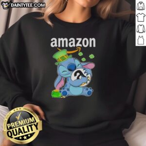 Alt Text: Cozy St. Patrick's Day sweatshirt featuring Pretty Stitch design and Amazon logo, perfect for festive celebrations.