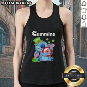 Alt Text: Cute Stitch with St. Patrick's Day hug and Cummins logo on a trendy tank top for festive celebrations.