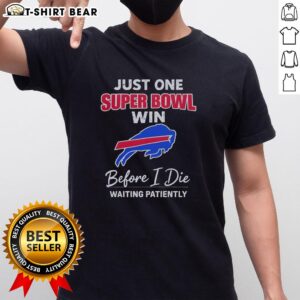 Buffalo Bills Super Bowl win t-shirt featuring 'Just One Super Bowl Win Before I Die' slogan in bold design.