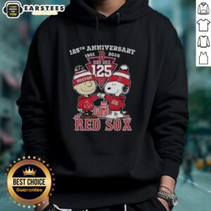 Alt Text: Awesome Boston Red Sox Charlie Brown and Snoopy 125th Anniversary 1901-2026 hoodie featuring vibrant graphics.