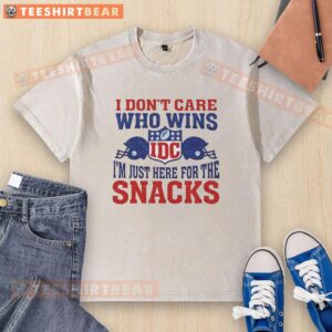 Alt Text: Good IDC I Don't Care Who Wins I'm Just Here for the Snacks washed t-shirt design, perfect for snack-loving fans.