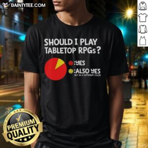 Funny Dungeons and Dragons T-shirt reads 'Should I Play Tabletop RPGs? Yes, But In A Different Color' in vibrant design.
