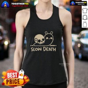 Stylish Top Slow Death Snail Skull Tank Top featuring a unique snail skull graphic on a trendy tank design.
