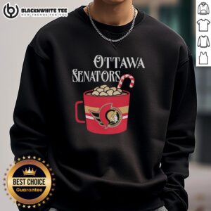 Official Ottawa Senators hockey team NFL mug and candy cane sweatshirt displayed together on a festive background.