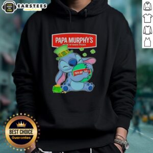 Adorable Stitch hugging the Papa Murphy's logo on a Happy St. Patrick's Day hoodie design for festive spirit.