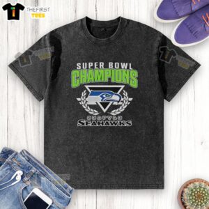 Official Seattle Seahawks Super Bowl XLVIII Champions logo on a center washed t-shirt showcasing team pride and victory.