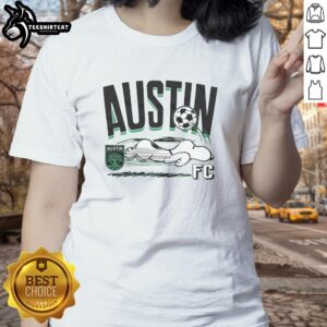 Alt Text: Premium Peanuts Snoopy x Austin FC ladies tee featuring a stylish design and vibrant colors for fans.