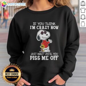 Funny Joe Cook sweatshirt featuring Snoopy with 'If you think I'm crazy now, just wait!' slogan.