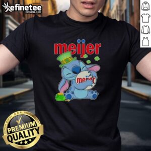 Official Stitch With St Patricks Hug Meijer Logo T-Shirt featuring a festive design for St. Patrick's Day celebrations.