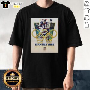 Alt Text: Men's Ice Hockey Team USA Wins T-Shirt featuring the top US Olympic logo and vibrant graphics celebrating victory.